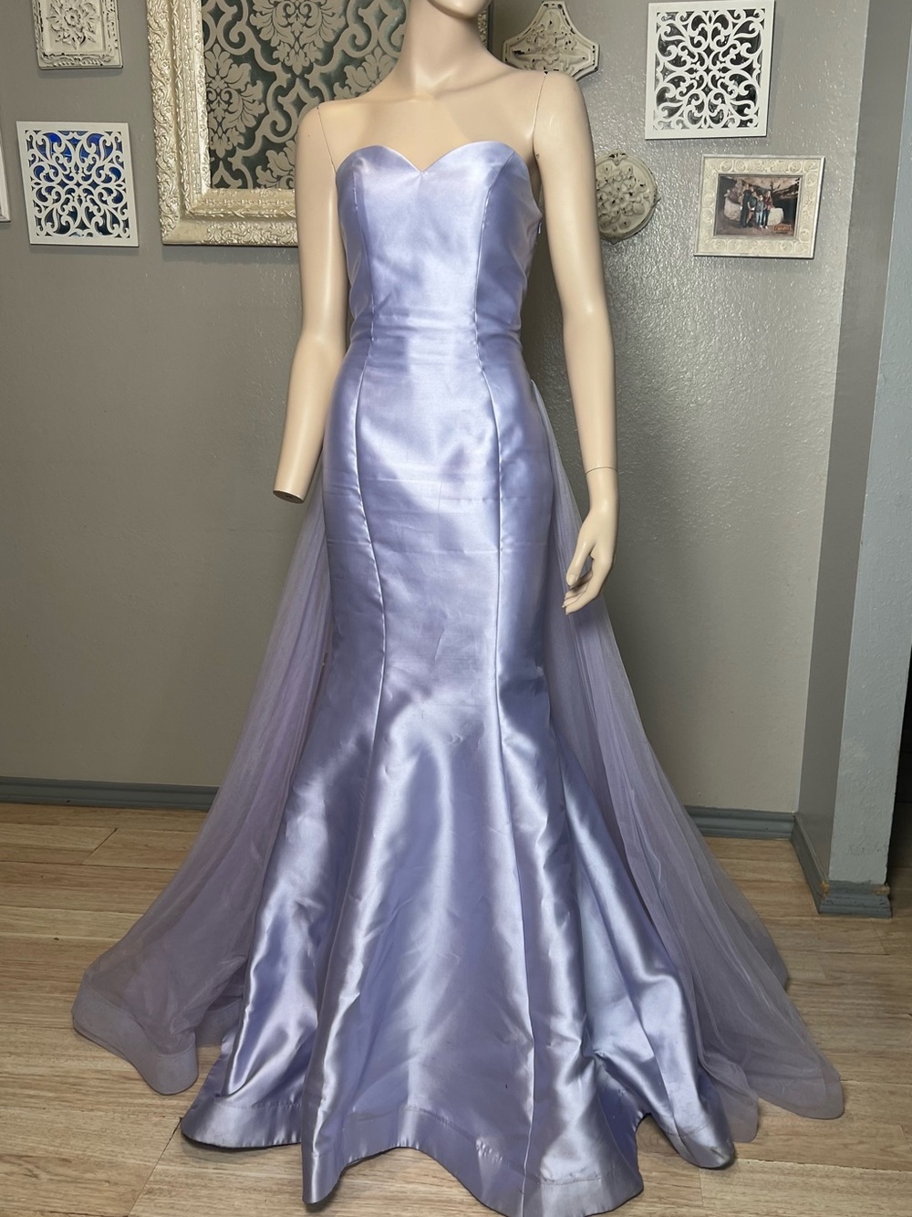 Strapless Lavender Satin Mermaid Gown With Attached Overskirt